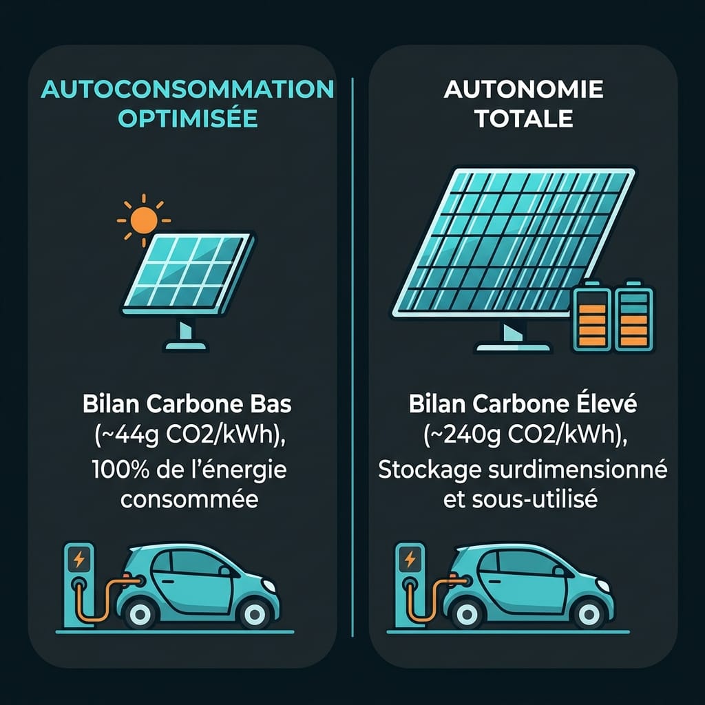 Schéma comparatif d'autoconsommation optimisée vs autonomie totale pour la recharge solaire