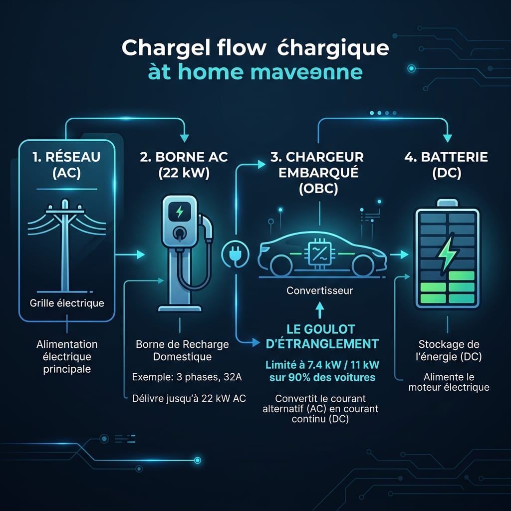 Schéma explicatif de la conversion AC vers DC et du rôle de l'OBC pour une borne de recharge