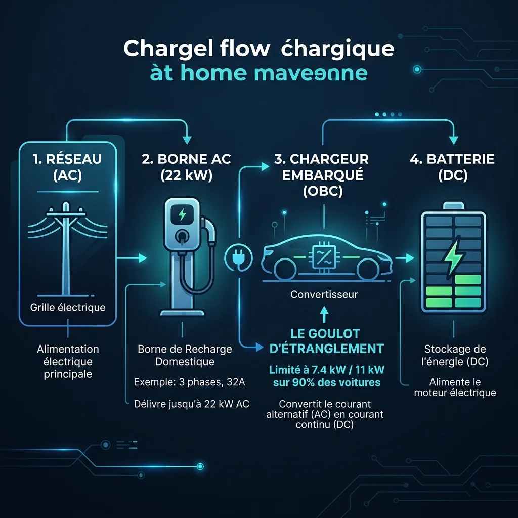 Schéma explicatif de la conversion AC vers DC et du rôle de l'OBC pour une borne de recharge