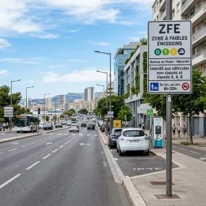 Panneau de signalisation ZFE à l'entrée du périmètre de Marseille avec un point de recharge IRVE en arrière-plan