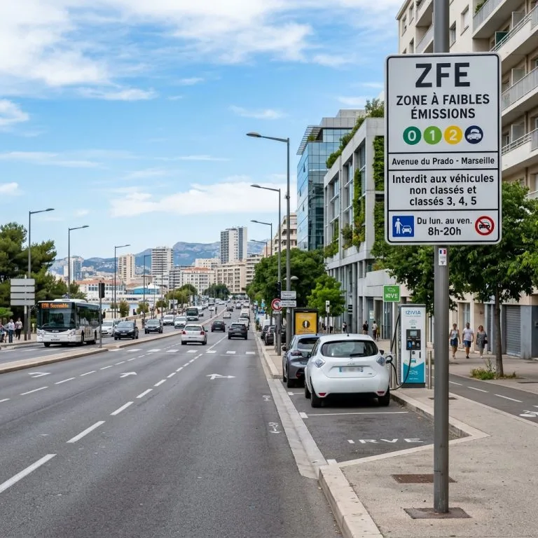 Panneau de signalisation ZFE à l'entrée du périmètre de Marseille avec un point de recharge IRVE en arrière-plan