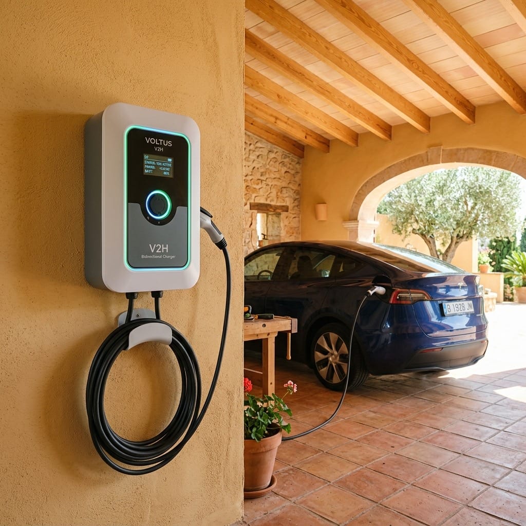 Borne de recharge bidirectionnelle V2H installée dans un garage résidentiel en région PACA