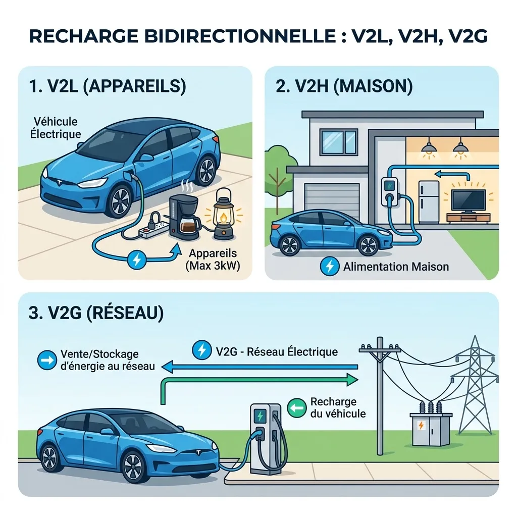 Schéma explicatif des 3 modes de recharge bidirectionnelle : V2L (appareils), V2H (maison) et V2G (réseau)