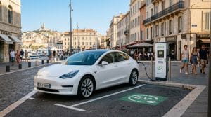 Voiture électrique stationnée sur un emplacement réservé avec borne de recharge en voirie à Marseille