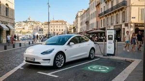 Voiture électrique stationnée sur un emplacement réservé avec borne de recharge en voirie à Marseille