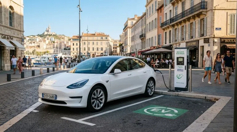 Voiture électrique stationnée sur un emplacement réservé avec borne de recharge en voirie à Marseille