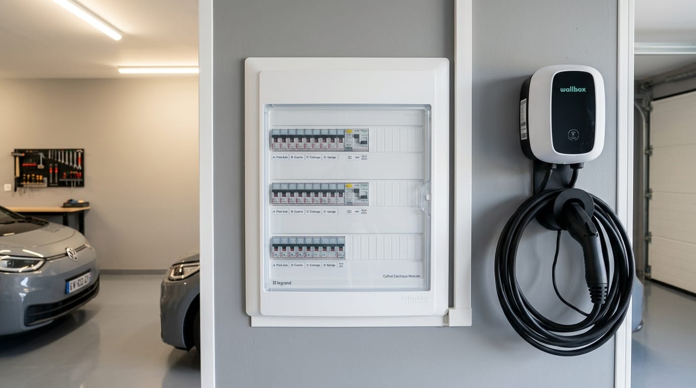 Tableau électrique modulaire 3 rangées avec plastron et borne de recharge murale dans un garage