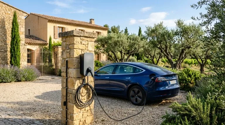 Borne de recharge murale partagée dans l'allée d'une maison en Provence avec un véhicule électrique visiteur branché